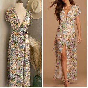 ❤️ Lulus Feels Magical Ivory Floral Print Short Sleeve Wrap Maxi Dress
